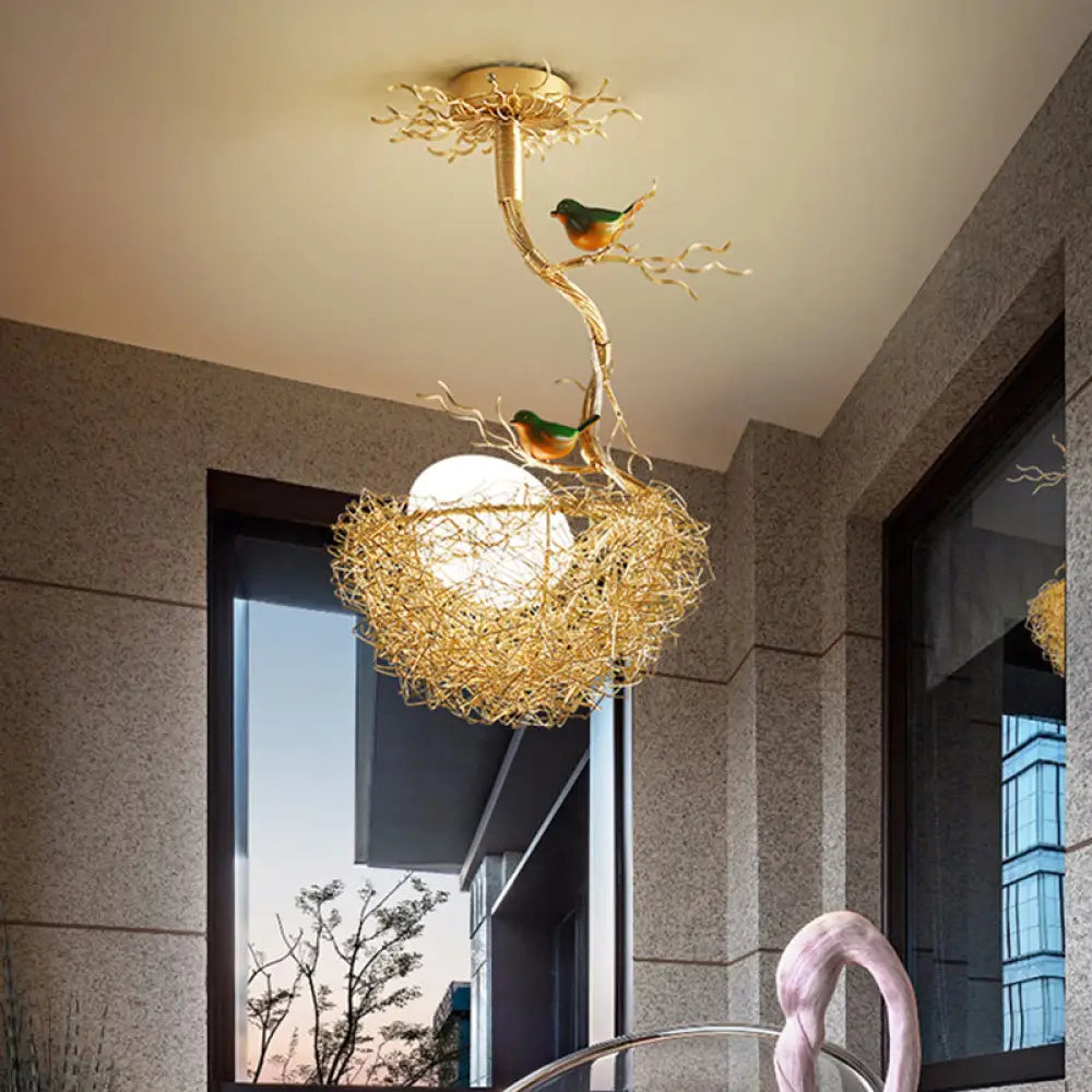 Nature-Inspired Ceiling Pendant Light with Bird Accents & Woven Metal Design — Gold Hanging Fixture for Dining Room, Bedroom, Living Room