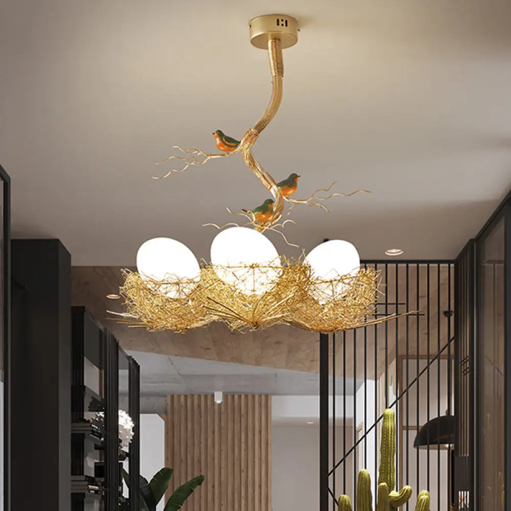 Nature-Inspired Ceiling Pendant Light with Bird Accents & Woven Metal Design — Gold Hanging Fixture for Dining Room, Bedroom, Living Room