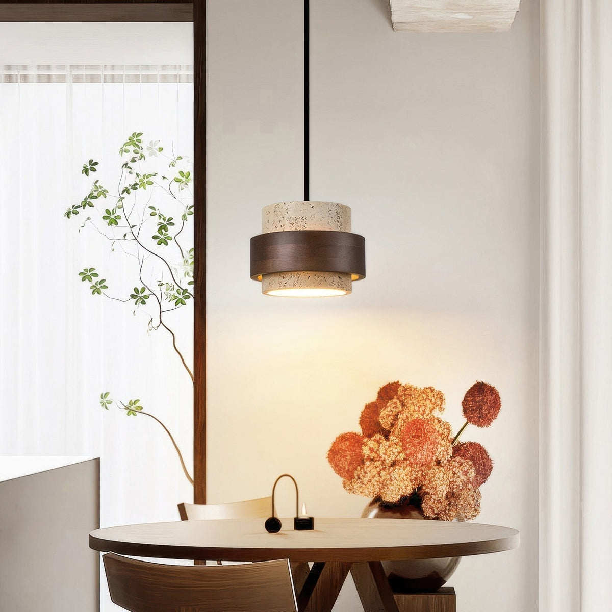 Natural Travertine Stone Pendant Light with Wood Accents – Adjustable Height LED Ceiling Fixture for Dining Room, Kitchen Island & Bar