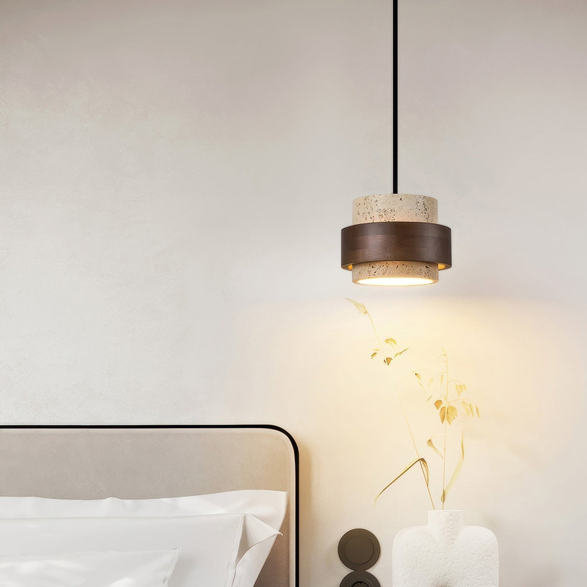 Natural Travertine Stone Pendant Light with Wood Accents – Adjustable Height LED Ceiling Fixture for Dining Room, Kitchen Island & Bar