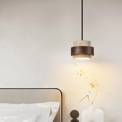 Natural Travertine Stone Pendant Light with Wood Accents – Adjustable Height LED Ceiling Fixture for Dining Room, Kitchen Island & Bar