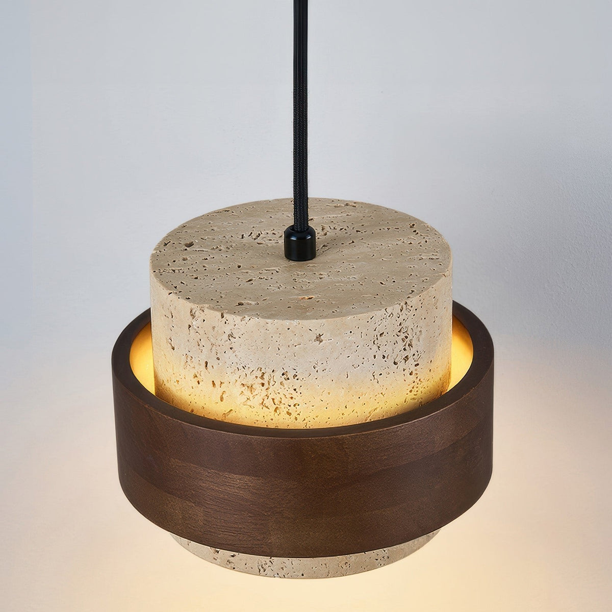 Natural Travertine Stone Pendant Light with Wood Accents – Adjustable Height LED Ceiling Fixture for Dining Room, Kitchen Island & Bar