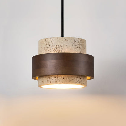 Natural Travertine Stone Pendant Light with Wood Accents – Adjustable Height LED Ceiling Fixture for Dining Room, Kitchen Island & Bar