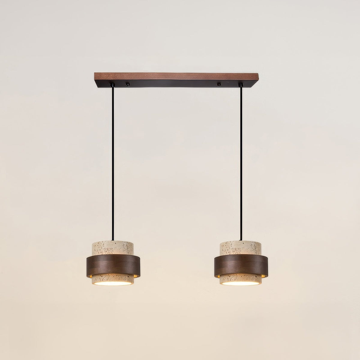 Natural Travertine Stone Pendant Light with Wood Accents – Adjustable Height LED Ceiling Fixture for Dining Room, Kitchen Island & Bar