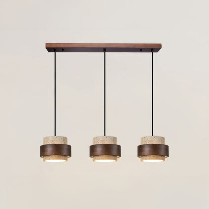 Natural Travertine Stone Pendant Light with Wood Accents – Adjustable Height LED Ceiling Fixture for Dining Room, Kitchen Island & Bar