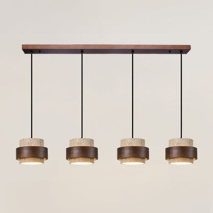 Natural Travertine Stone Pendant Light with Wood Accents – Adjustable Height LED Ceiling Fixture for Dining Room, Kitchen Island & Bar