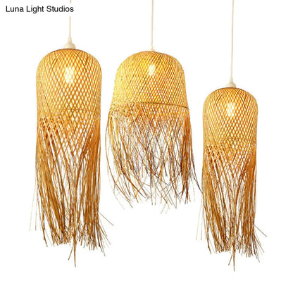 Woven Rattan Dome Hanging Light with Natural Fringe Trim | Bohemian Ceiling Pendant Fixture | E26 Socket | 1-Bulb