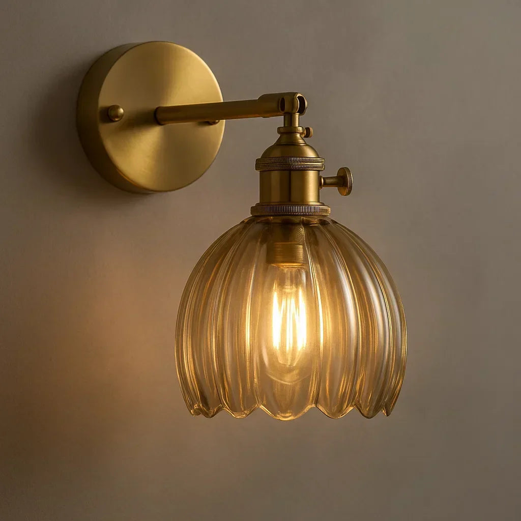 Floral Glass Sconce Brass Arm E27 Socket 7 inch Height Ambient Bedside Fixture for Bedroom Hallway Entry Reading Nook Vintage Tulip-Inspired