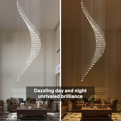 Cascading Crystal Pendant Light Fixture Adjustable Chrome Hanging Lamp for Entryway Stairwell High Ceiling Rooms with Raindrop Prisms