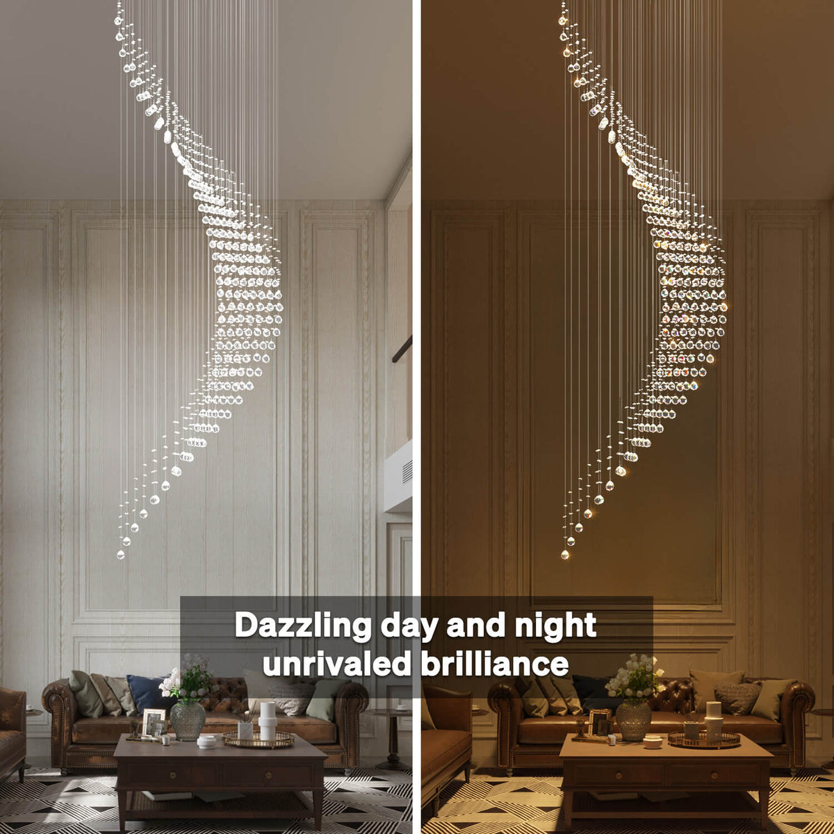 Cascading Crystal Fixture Chrome Finish GU10 Dimmable for Tall Foyers Stairwells Double-Height Rooms Adjustable Height Hanging Light