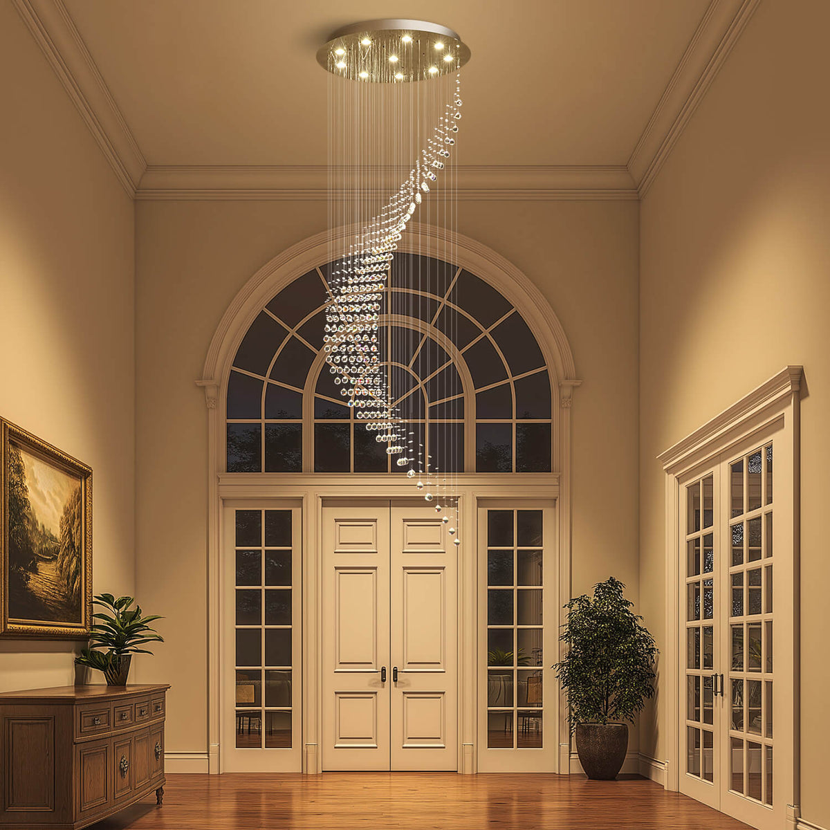 Cascading Crystal Pendant Light Fixture Adjustable Chrome Hanging Lamp for Entryway Stairwell High Ceiling Rooms with Raindrop Prisms