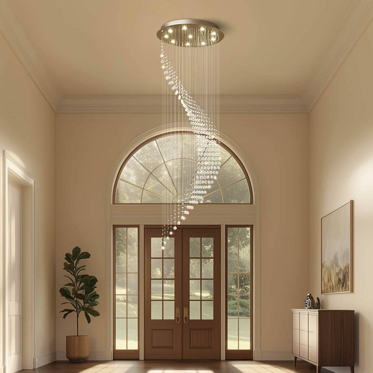 Cascading Crystal Fixture Chrome Finish GU10 Dimmable for Tall Foyers Stairwells Double-Height Rooms Adjustable Height Hanging Light