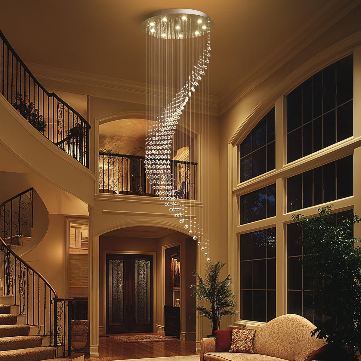 Cascading Crystal Pendant Light Fixture Adjustable Chrome Hanging Lamp for Entryway Stairwell High Ceiling Rooms with Raindrop Prisms