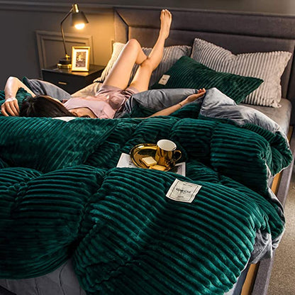 Plush Fleece Comforter Cover Queen/King Green Ribbed Textured Bedding Set Winter Weight Thermal Insulating Duvet Cover for Cold Nights Bedro
