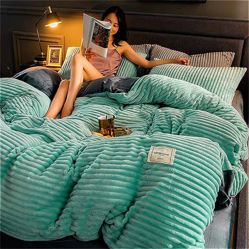 Plush Fleece Comforter Cover Queen/King Green Ribbed Textured Bedding Set Winter Weight Thermal Insulating Duvet Cover for Cold Nights Bedro