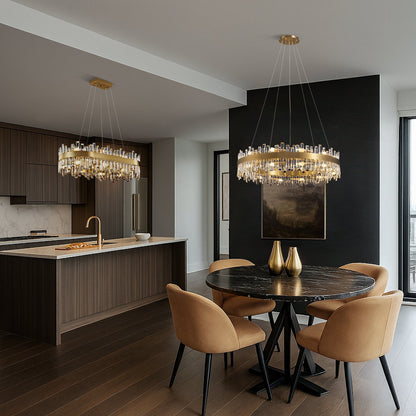 Tiered Crystal Ceiling Fixture in Gold Finish for Dining Rooms and Kitchen Islands – Adjustable Height, Multi-Size Options, E12 Candelabra B