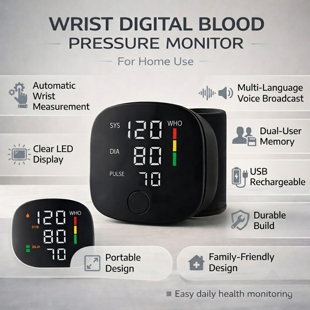 Digital Wrist Blood Pressure Monitor with Automatic Readings & Arrhythmia Detection | Portable Health Device for Home Use