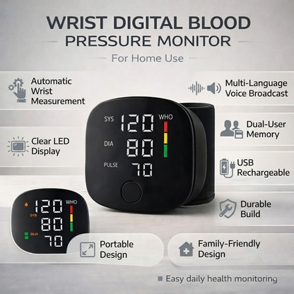 Digital Wrist Blood Pressure Monitor with Automatic Readings & Arrhythmia Detection | Portable Health Device for Home Use