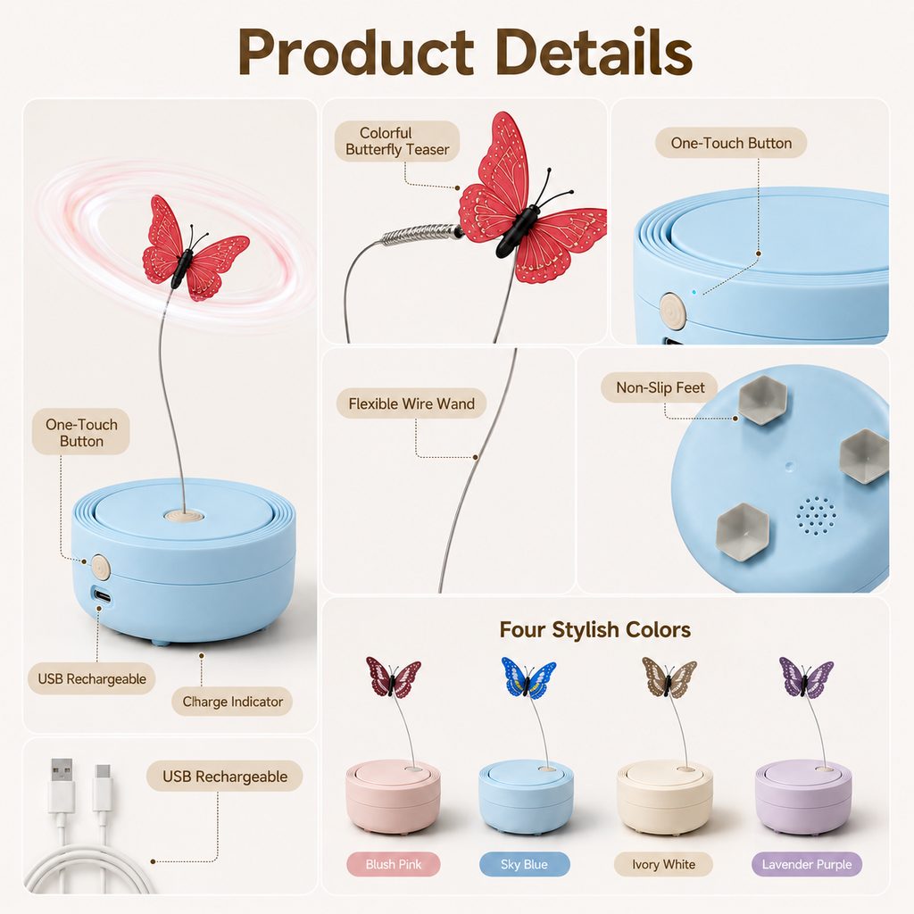 Ortekor FlutterFly 360 Automatic Butterfly Cat Toy for Indoor Cats - Hands-Free Self-Play Teaser to Beat Boredom