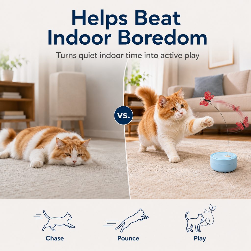Ortekor FlutterFly 360 Automatic Butterfly Cat Toy for Indoor Cats - Hands-Free Self-Play Teaser to Beat Boredom