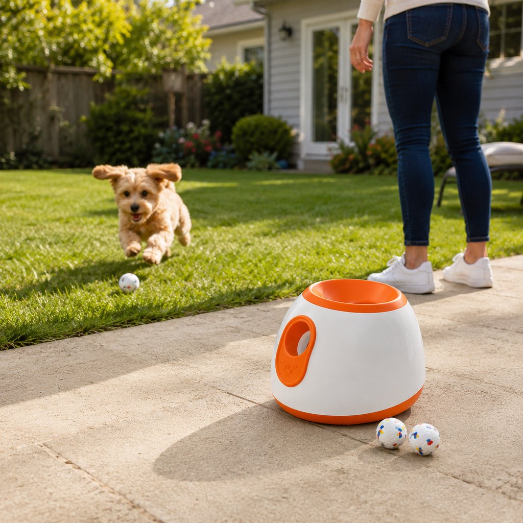 Ortekor Mini Automatic Dog Ball Launcher for Small Dogs - Less Manual Throwing for Indoor & Backyard Fetch