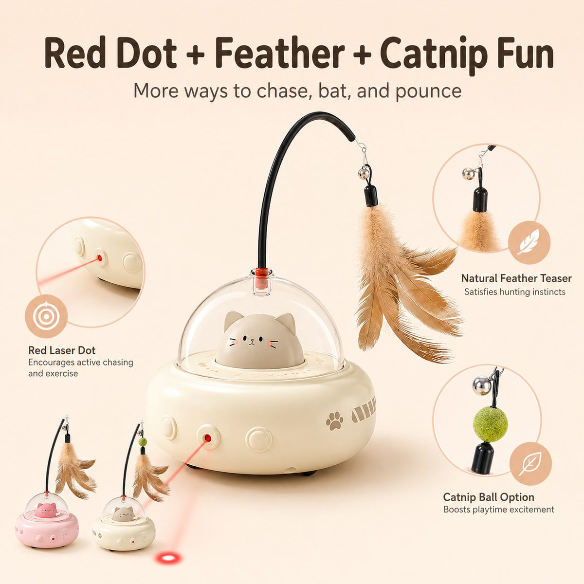 Ortekor Automatic UFO Cat Toy for Indoor Cats - Red Dot Laser, Feather Teaser & Catnip Ball for Bored Cats While You're Busy