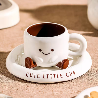 Ceramic Mug and Saucer Set 8.5 oz White with Hand-Painted Smile for Coffee Tea Latte Hot Chocolate Kitchen Gift for Coffee Lovers