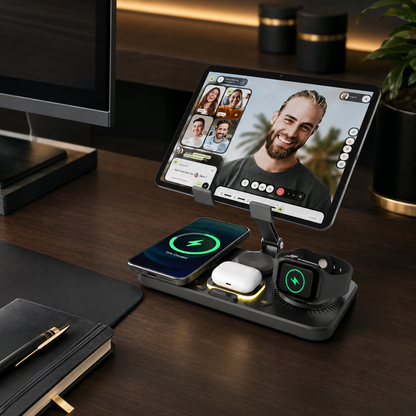Multi-Device Wireless Charging Station with Adjustable Tablet Holder for Phones, Watches & Earbuds
