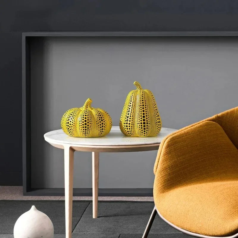 Yellow Resin Figurines Tabletop Accents Set Contemporary Shelf Decor Owl Pear Pumpkin Bird Sculptures 8 Inch Statement Pieces for Coffee Tab