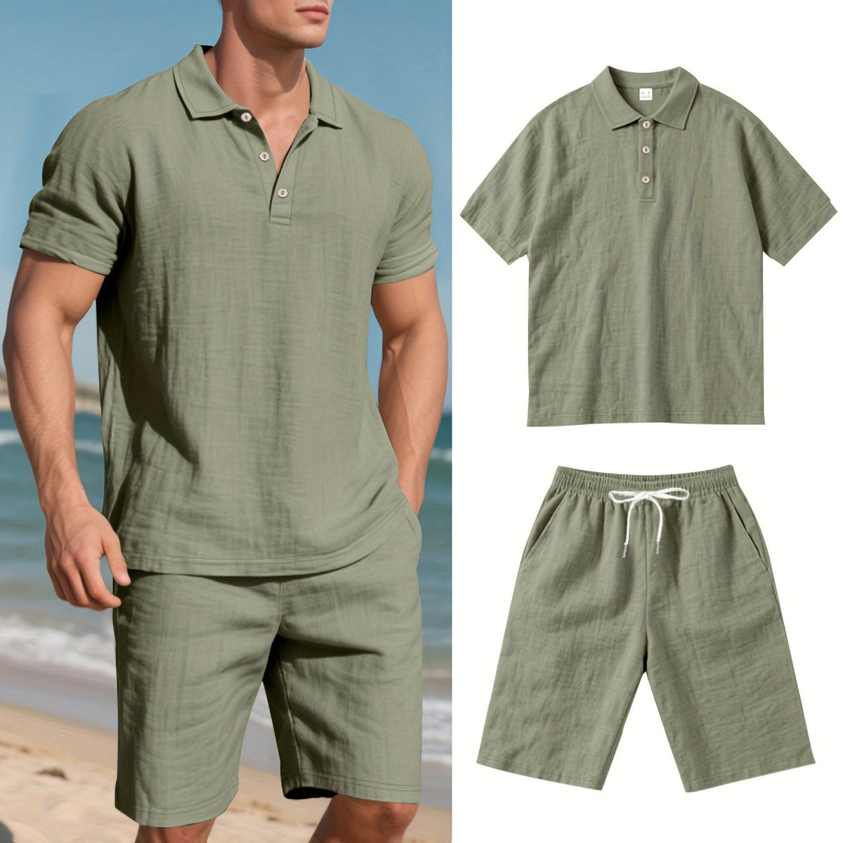 Men's Short-Sleeve Polo & Shorts Linen Set Summer Two-Piece Outfit Lightweight Breathable Casual Wear for Warm Weather