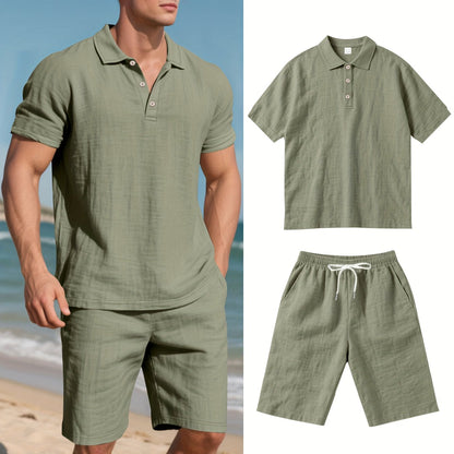 Men's Short-Sleeve Polo & Shorts Linen Set Summer Two-Piece Outfit Lightweight Breathable Casual Wear for Warm Weather