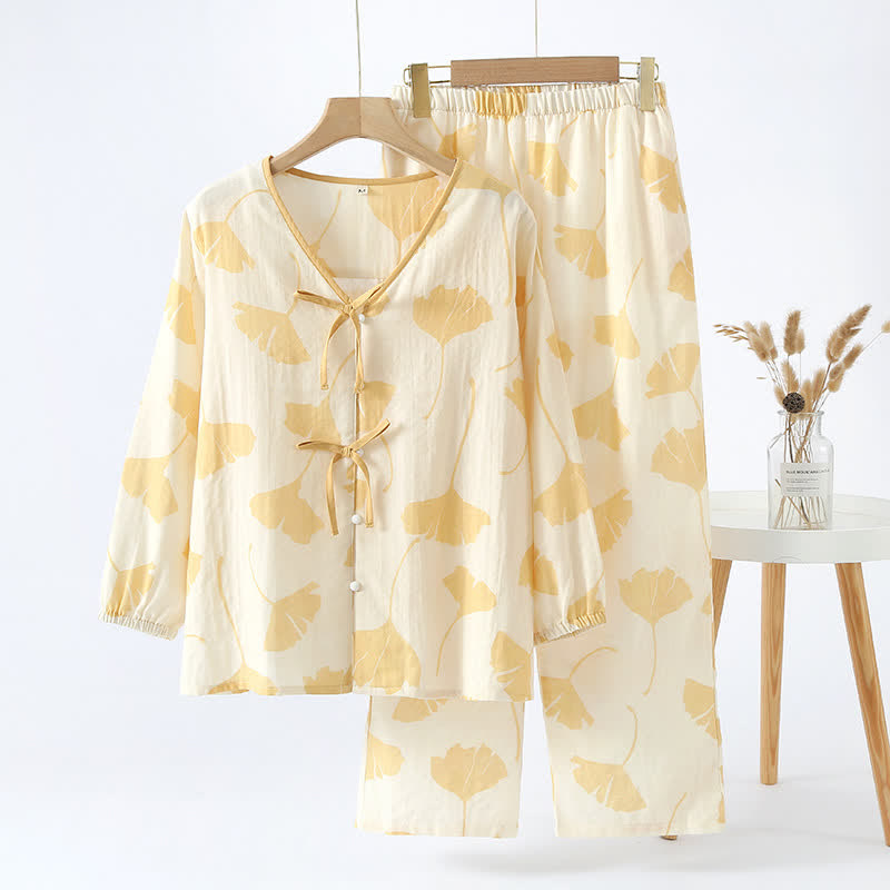 Women's Cotton Pajama Set with Ginkgo Leaf Print and Bow Tie Detail for Lounging at Home