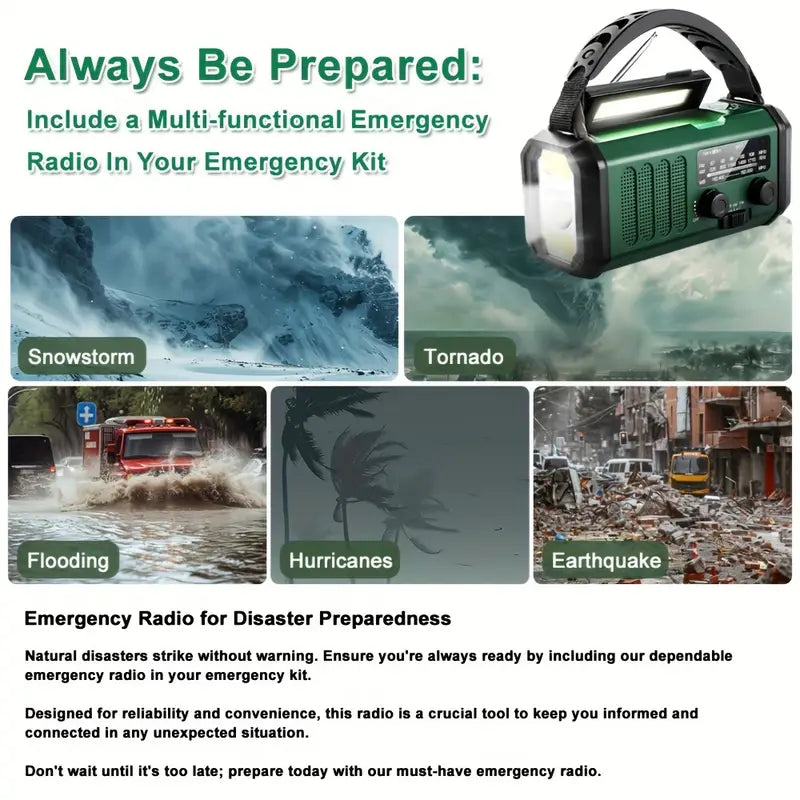 Emergency Hand Crank Weather Radio with 10000mAh Power Bank, Solar Charging, LED Flashlight, SOS Alarm for Camping Hiking Storms Blackouts