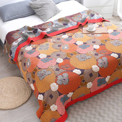 Reversible Cotton Gauze Quilt with Persimmon Pattern - Lightweight Summer Blanket for Bed, Sofa & Travel - Queen, King & Full Sizes
