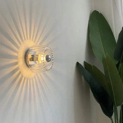 Fluted Glass Sconce E14 Socket Clear Shade Metal Frame Bedside Hallway Uplight Modern Minimalist Ambient Fixture for Bedroom Entry Living Sp
