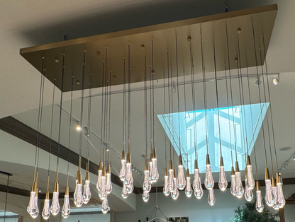 Cascading Raindrop Linear LED Chandelier – Textured Glass Orbs, Adjustable Height, Vaulted Ceiling Ready – 37 to 120 Inch Options for