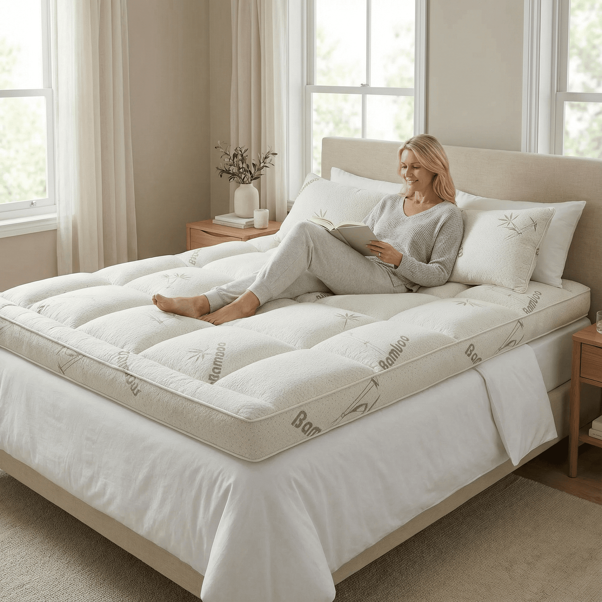 2-Inch Breathable Bamboo Mattress Pad Overlay for Cooling Comfort | Hypoallergenic Bed Cover for Hot Sleepers | Twin Full Queen King