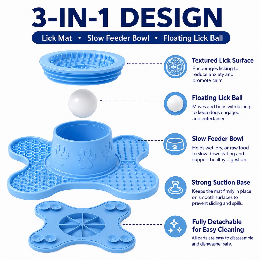 Ortekor 3-in-1 Dog Lick Mat & Slow Feeder Bowl for Bath Time, Grooming & Home Alone - Helps Slow Fast Eating and Keep Pets Busy