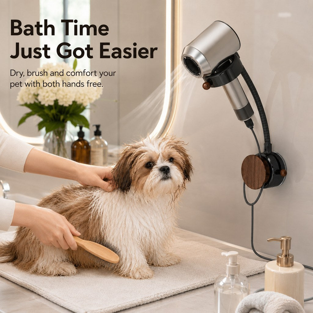 Ortekor Hands-Free Pet Grooming Hair Dryer Holder for At-Home Bath Time - Repositionable Suction Mount with 360 Flexible Arm