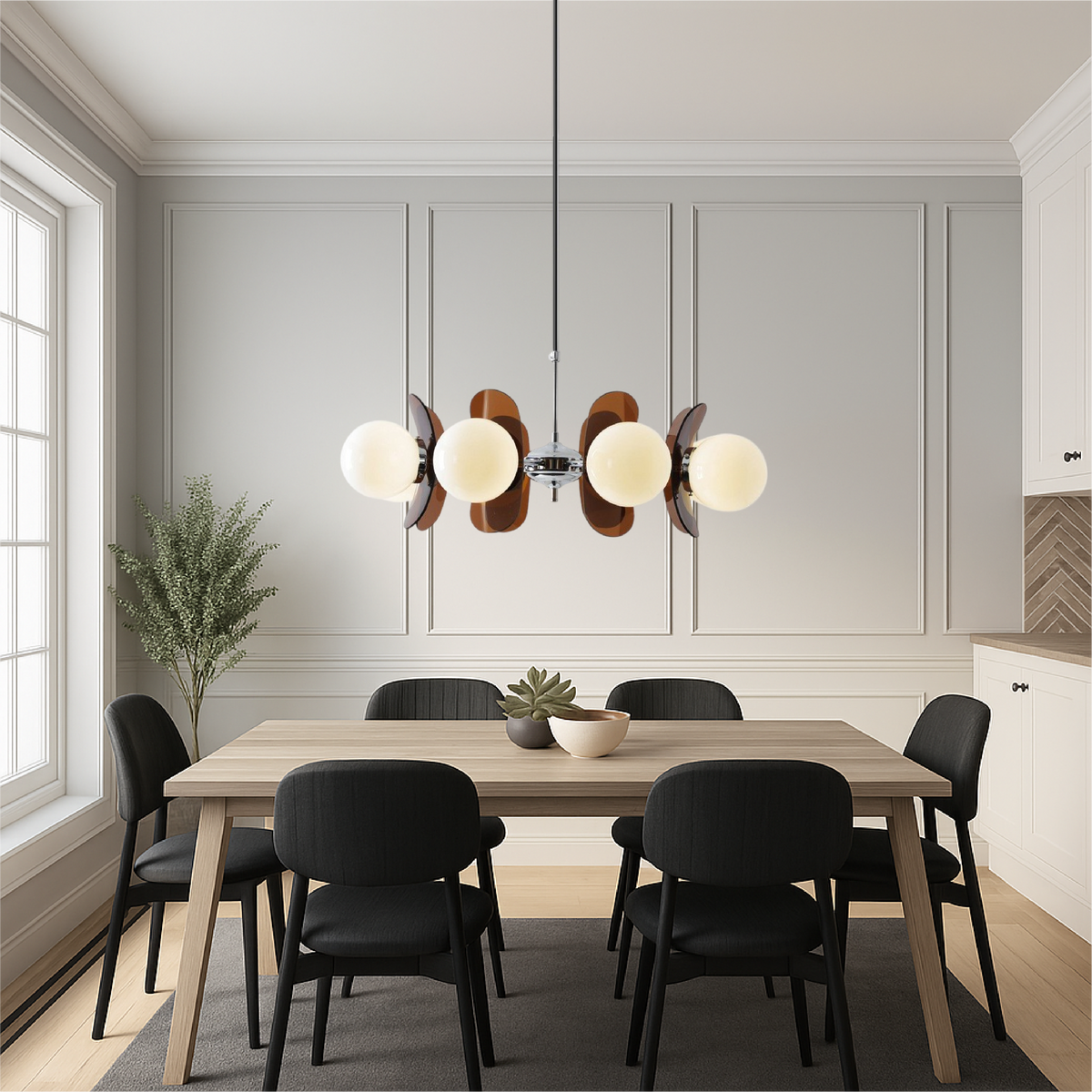 Geometric Modern Chandelier with Frosted Glass Globes – 5 or 8 Light Iron Frame Fixture for Dining Room & Living Space