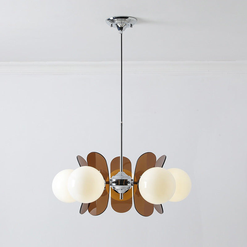Geometric Modern Chandelier with Frosted Glass Globes – 5 or 8 Light Iron Frame Fixture for Dining Room & Living Space