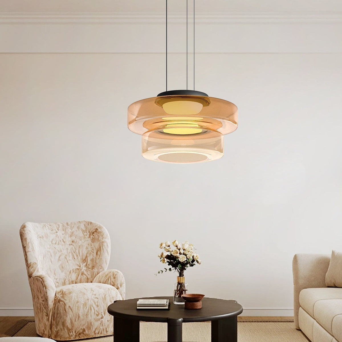 Modern Tiered Glass Ceiling Fixture – Iron & Glass Hanging Light for Kitchen Island, Dining Room & Living Space – Adjustable Multi-Layer
