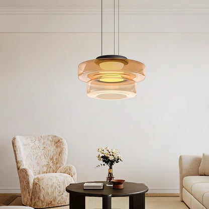 Modern Tiered Glass Ceiling Fixture – Iron & Glass Hanging Light for Kitchen Island, Dining Room & Living Space – Adjustable Multi-Layer
