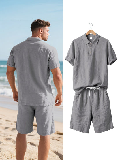 Men's Short-Sleeve Polo & Shorts Linen Set Summer Two-Piece Outfit Lightweight Breathable Casual Wear for Warm Weather