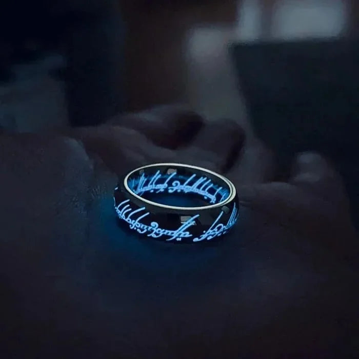 Glow-in-the-Dark Ring with Elvish Script Engraving – Self-Charging Luminous Fantasy Band for Men & Women
