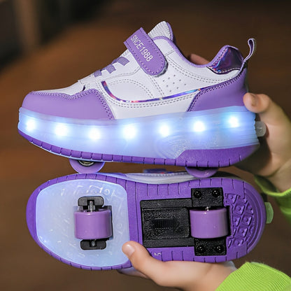 Light-Up Roller Skate Shoes for Kids with Detachable Wheels Purple Rechargeable Sneakers Boys Girls Indoor Outdoor Heelys-Style Footwear Ath