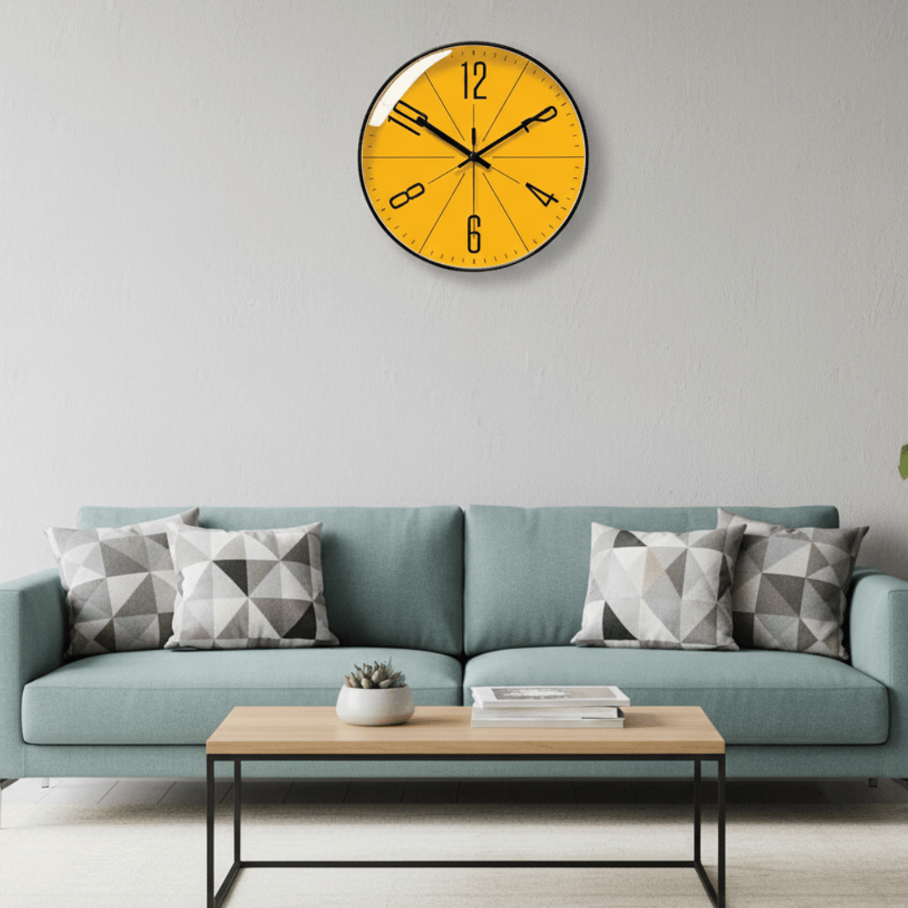 Quiet Sweep Round Timepiece 12-Inch Yellow Plastic Frame Silent Mechanism Scandinavian Style for Bedroom Office Kitchen Home