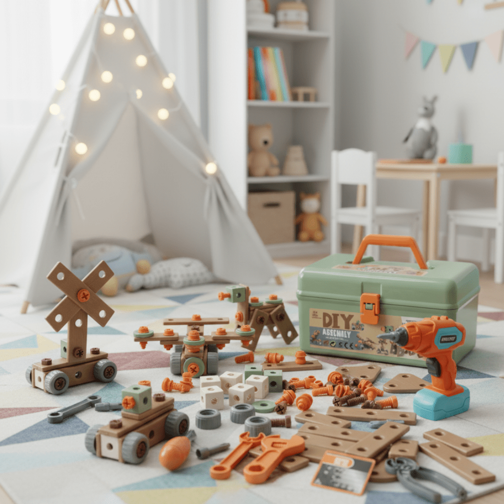 Kids Construction Toy Workshop with Realistic Power Tools 198-Piece STEM Building Set ABS Plastic Pretend Play Drill Screwdriver for Boys Gi