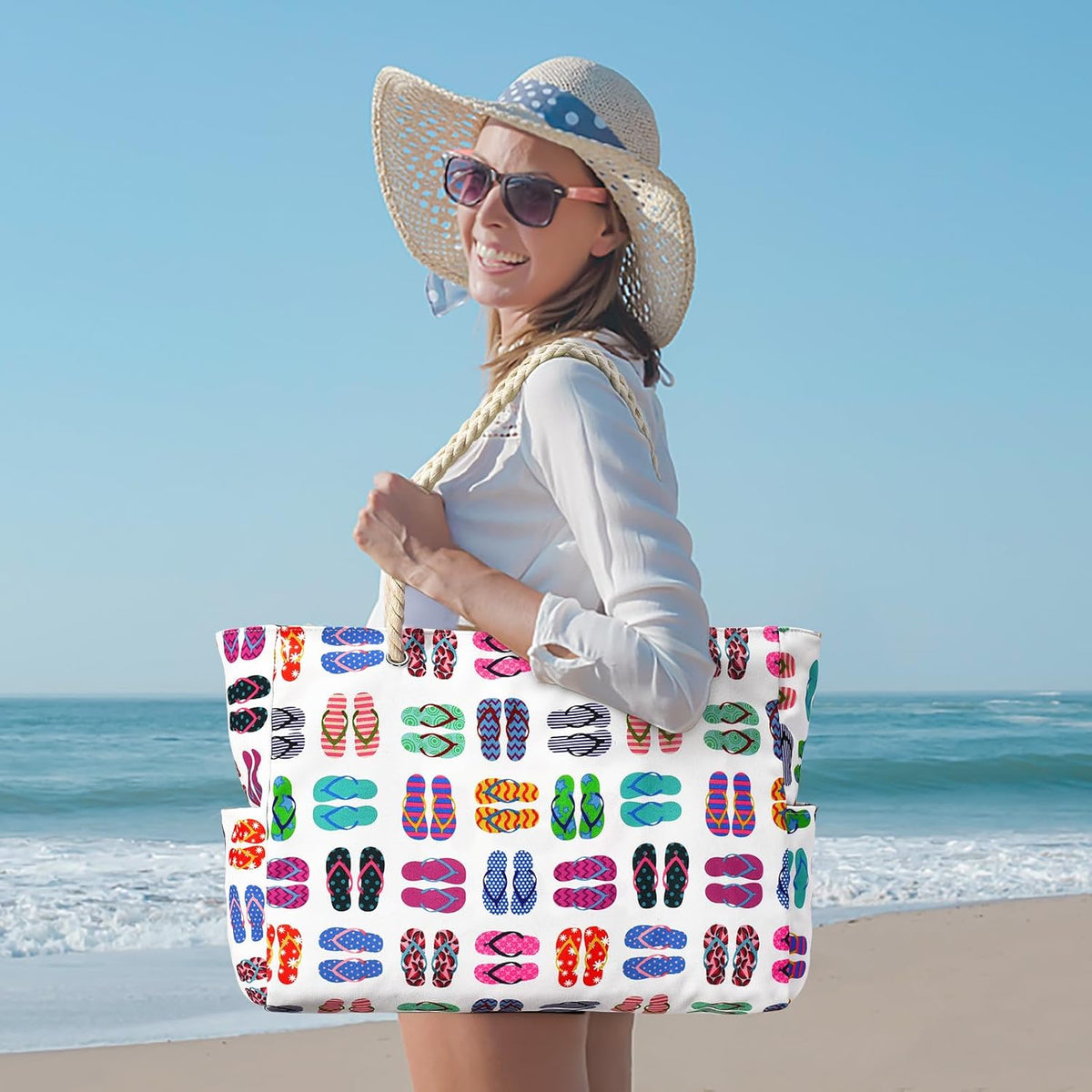Large Mesh Carryall Bag with Zippered Closure for Pool Days and Coastal Getaways – Holds Towels, Sunscreen & Gear for Travel, Gym, Yoga, Pic