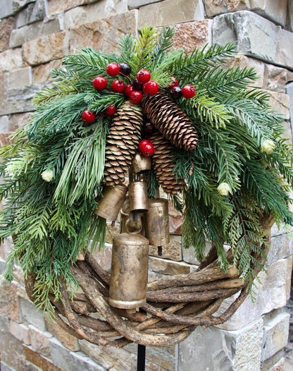 Rustic Winter Door Wreath with Gold Bells, Pine Cones & Berries – Farmhouse Seasonal Decoration for Front Entry or Mantel Display